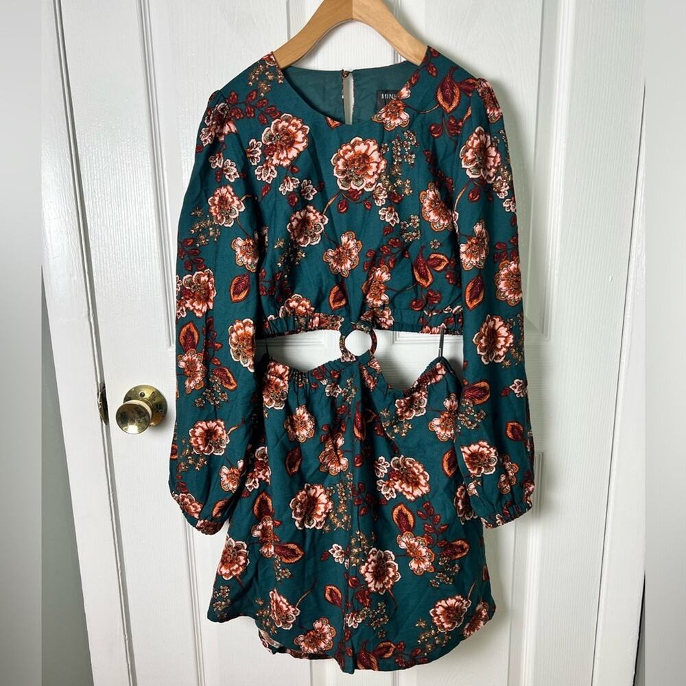 MinkPink Floral Cut Out Ring Long Sleeve Scoop Neck Olivia Mini Dress L - Picture 2 of 9